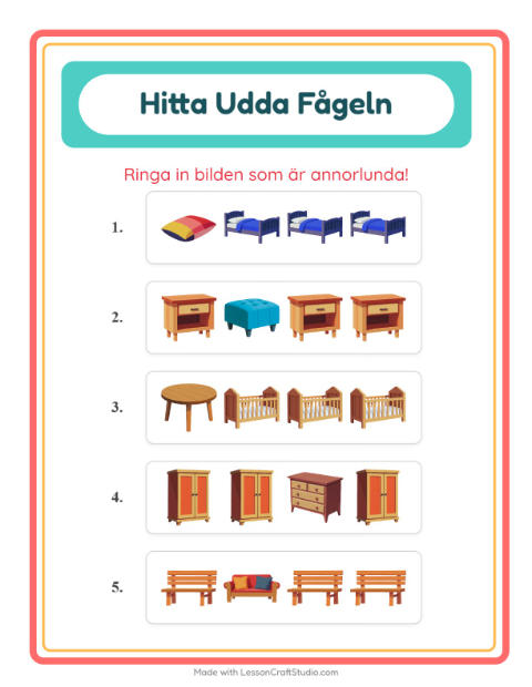 Förhandsvisning av Vad passar inte bland möbler? – arbetsblad för förskolan