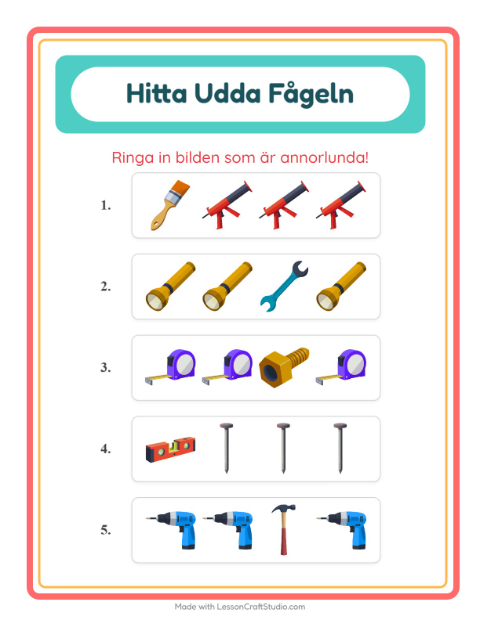 Förhandsvisning av Vad passar inte bland verktyg? – arbetsblad för förskolan
