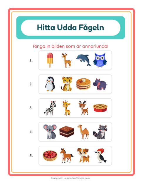 Vad passar inte bland djur? – arbetsblad för förskolan — 5