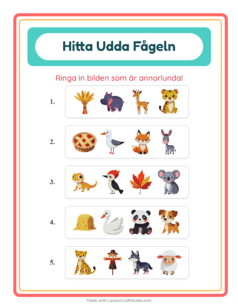 Förhandsvisning av Vilken Passar Inte-arbetsblad med Djur för Förskoleklass