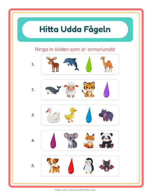 Förhandsvisning av Vilken Passar Inte-arbetsblad med Djur för Förskoleklass