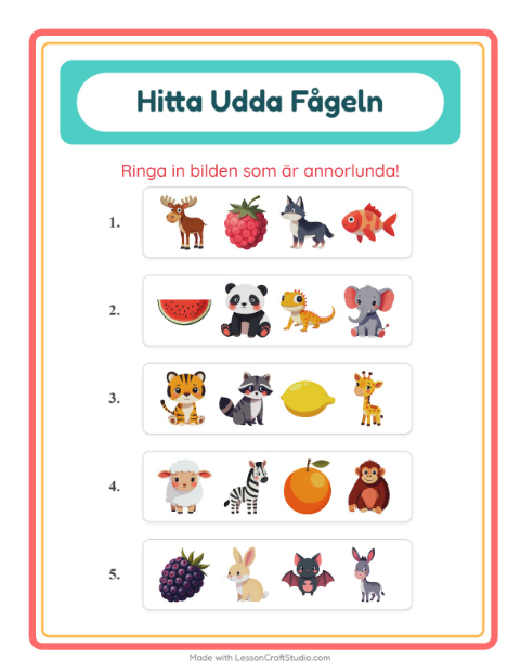 Förhandsvisning av Vilken Passar Inte-arbetsblad med Djur för Förskoleklass