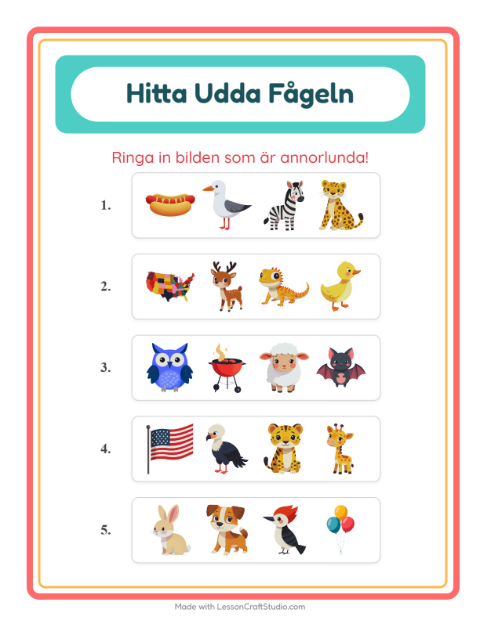 Förhandsvisning av Vilken Passar Inte-arbetsblad med Djur för Förskoleklass
