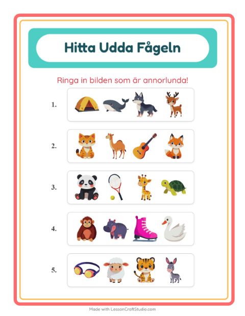 Vad passar inte bland djur? – arbetsblad för förskolan — 2