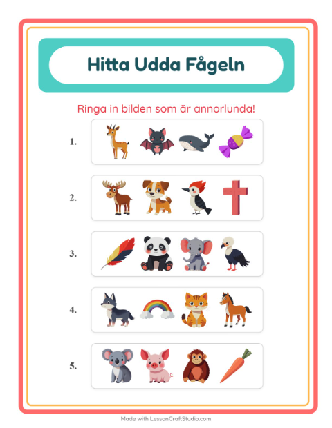 Förhandsvisning av Vilken Passar Inte-arbetsblad med Djur för Förskoleklass