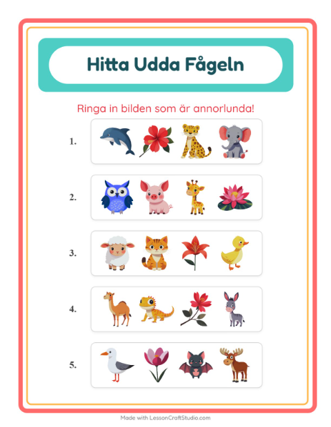 Vad passar inte bland djur? – arbetsblad för förskolan — 4