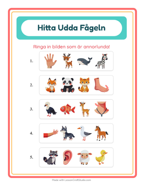 Förhandsvisning av Vilken Passar Inte-arbetsblad med Djur för Förskoleklass
