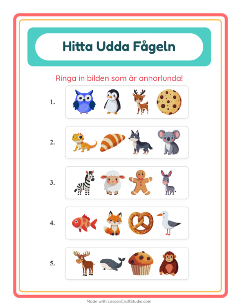 Vad passar inte bland djur? – arbetsblad för förskolan — 3