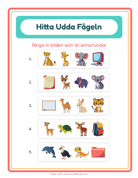 Förhandsvisning av Vilken Passar Inte-arbetsblad med Djur för Förskoleklass
