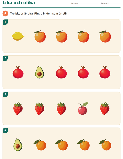 Förhandsvisning av Visuell perception-arbetsblad med Frukter för Förskoleklass